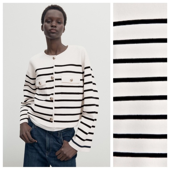 NWT. Massimo Dutti Pale Ecru/Black Striped Knit Cardigan. Size XS. - Picture 2 of 12